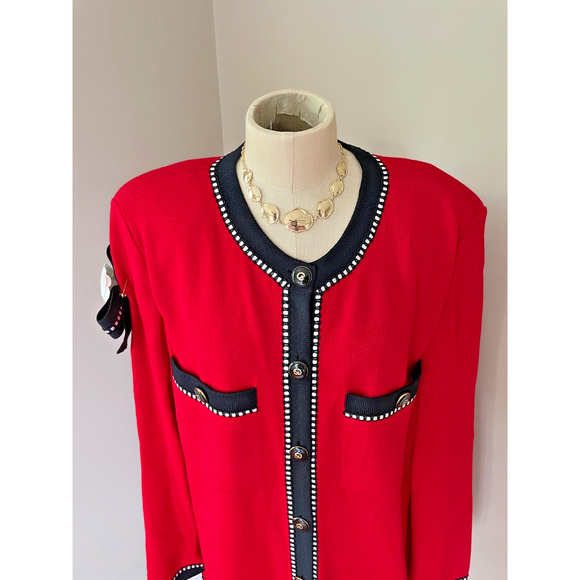 St John Marie Gray 2pc Blazer Skirt Set Womens Size 14 Red USA Buttons STUNNING - Picture 4 of 15